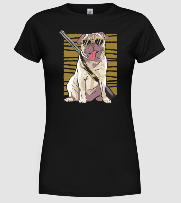 Mops cu pușcă tricou amuzant cu câine model negru pe tricou