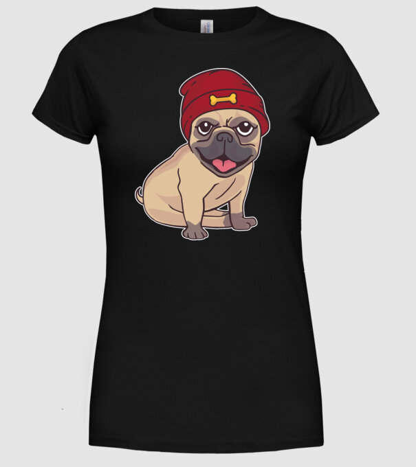 Mops cu șapcă model negru pe tricou