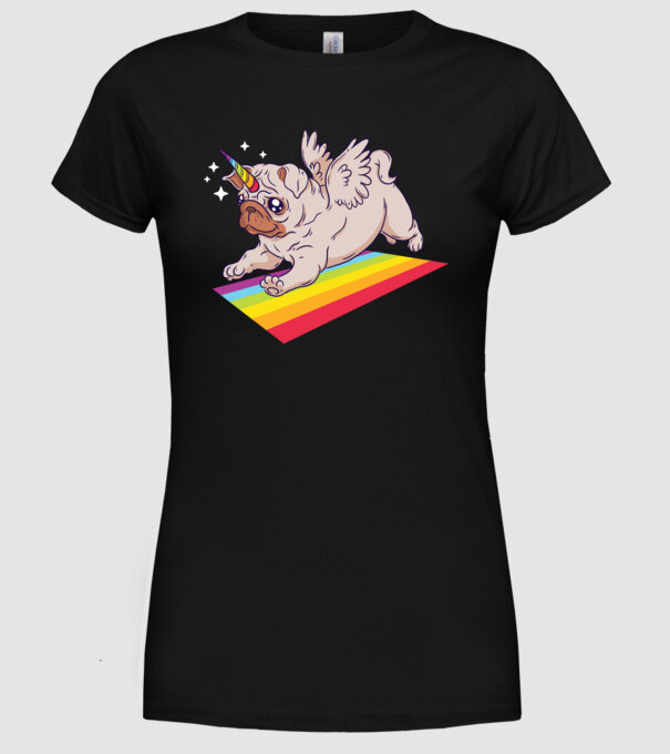 Mops unicorn model negru pe tricou