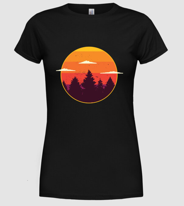 Apus de soare în pădure model negru pe tricou