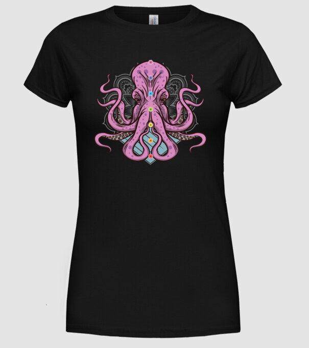 Yoga Octopus model negru pe tricou