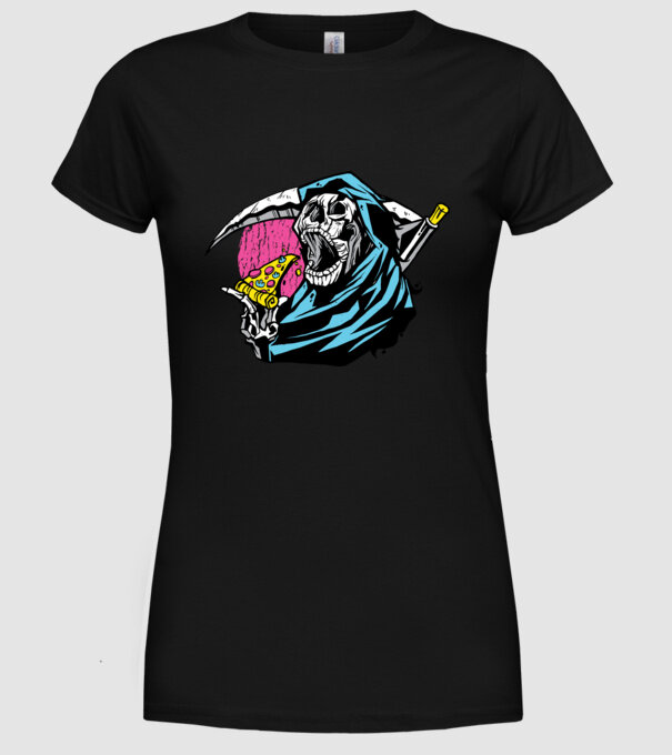 Om cu coasă și pizza model negru pe tricou