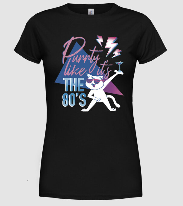 'Purrty Like it''s the 80''s' model negru pe tricou