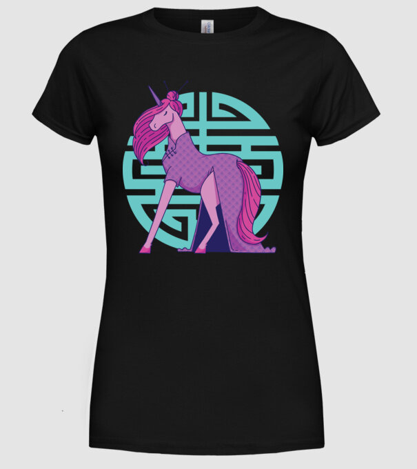 Qipao unicorn model negru pe tricou