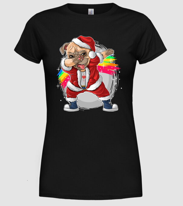 Santa Mops Moș Crăciun model negru pe tricou