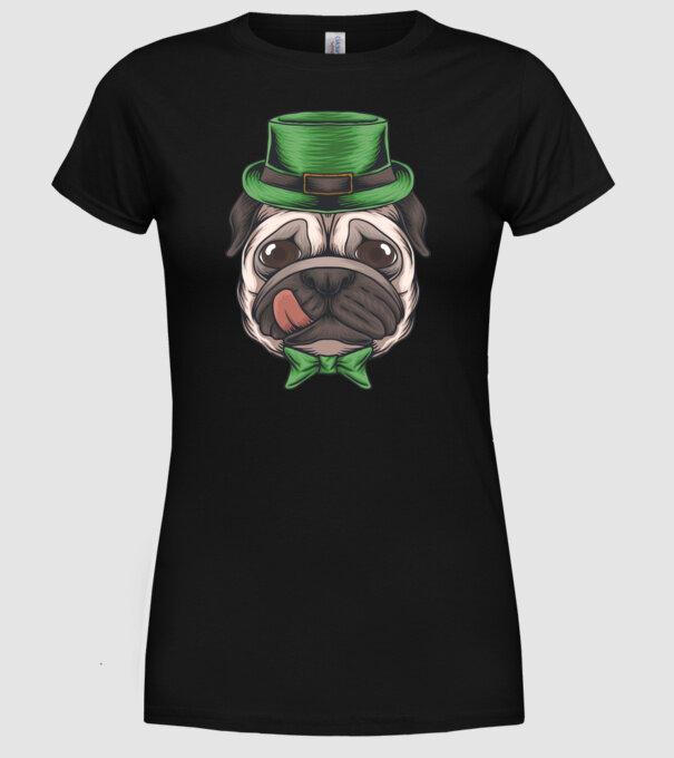 Mops Sfântul Patrick model negru pe tricou