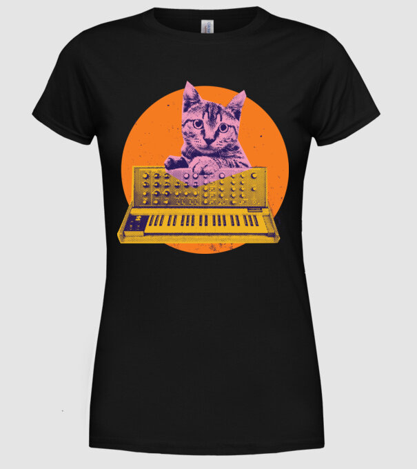 Pisică cu sintetizator model negru pe tricou