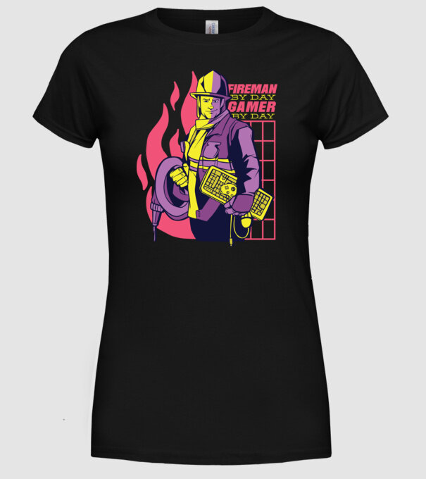Pompier ziua, Gamer noaptea model negru pe tricou