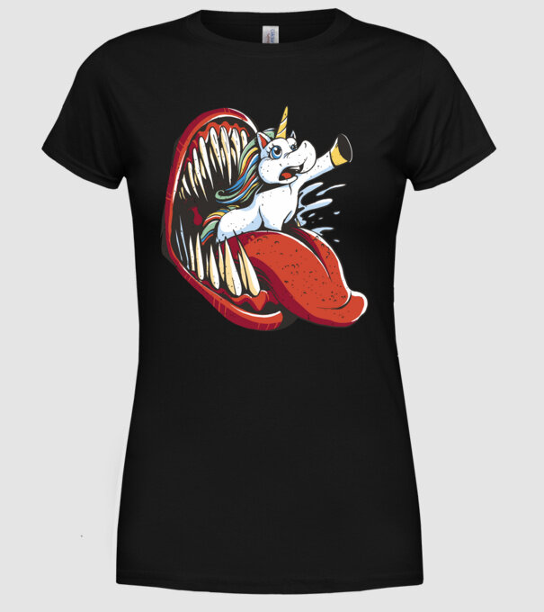 În gura monstrului Unicorn model negru pe tricou