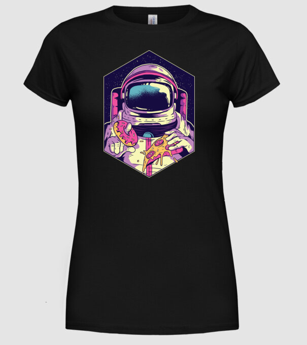 Astronaut Gogoașă și Pizza model negru pe tricou