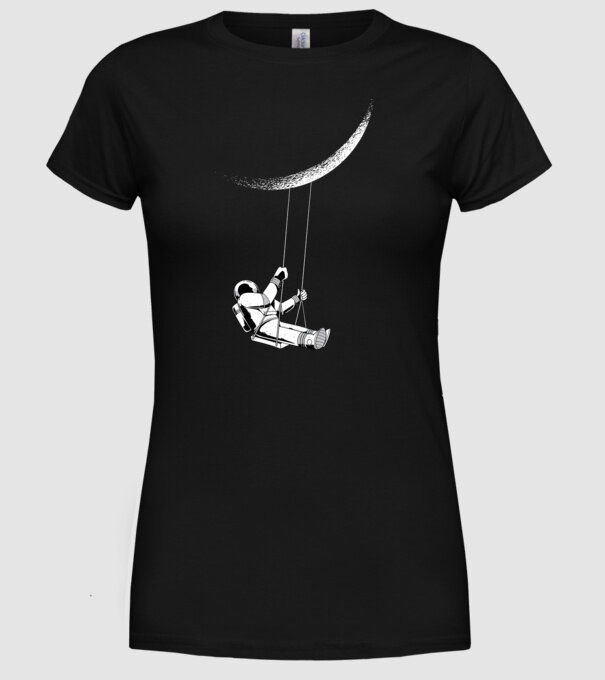 Astronaut care se dă în leagăn pe lună model negru pe tricou