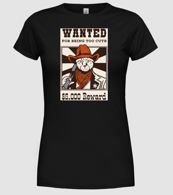 Wanted for being too cute Cowboy cu pisică model negru pe tricou