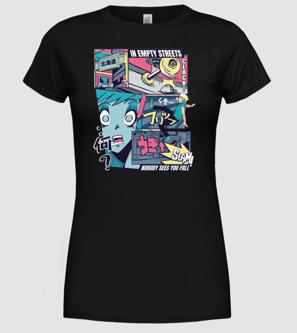 Anime Vaporwave Benzi desenate Skateboard model negru pe tricou