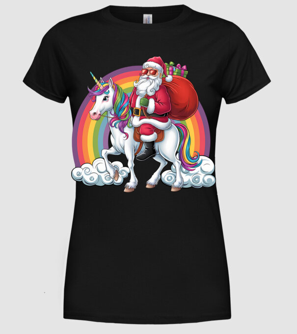 Moș Crăciun cool pe un unicorn 2 model negru pe tricou