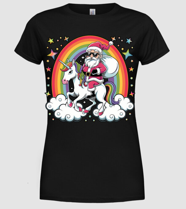 Moș Crăciun cool pe un unicorn model negru pe tricou