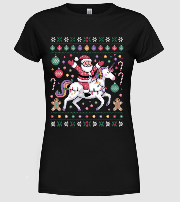 Moș Crăciun pe un pulover urât unicorn model negru pe tricou
