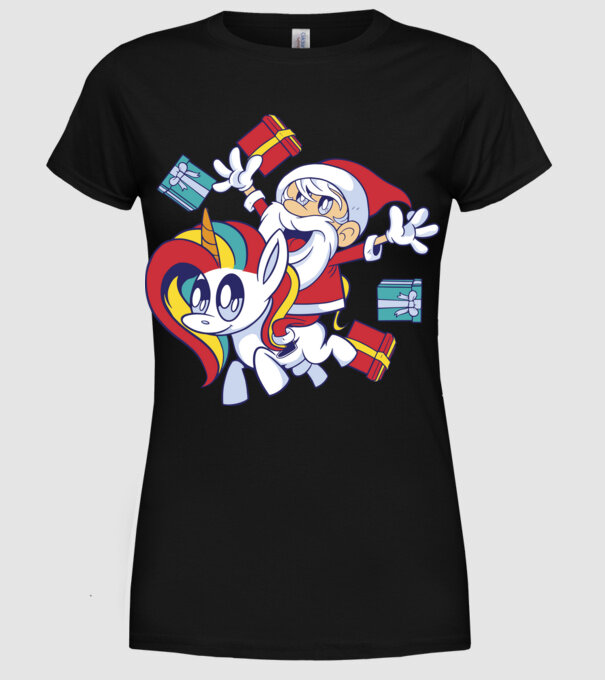 Moș Crăciun pe un unicorn model negru pe tricou