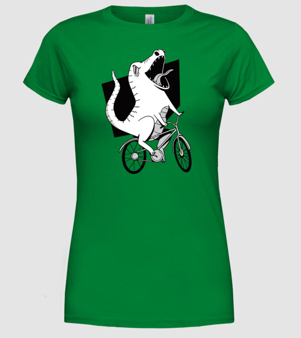 Dinozaur cu bicicletă model verde pe tricou