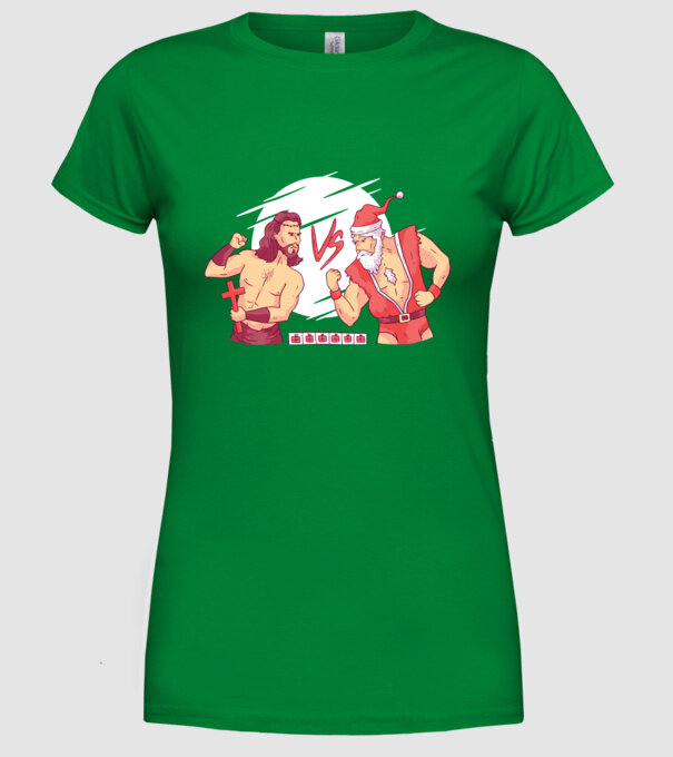 Isus vs Moș Crăciun Street Fighter tricou amuzant Crăciun model verde pe tricou