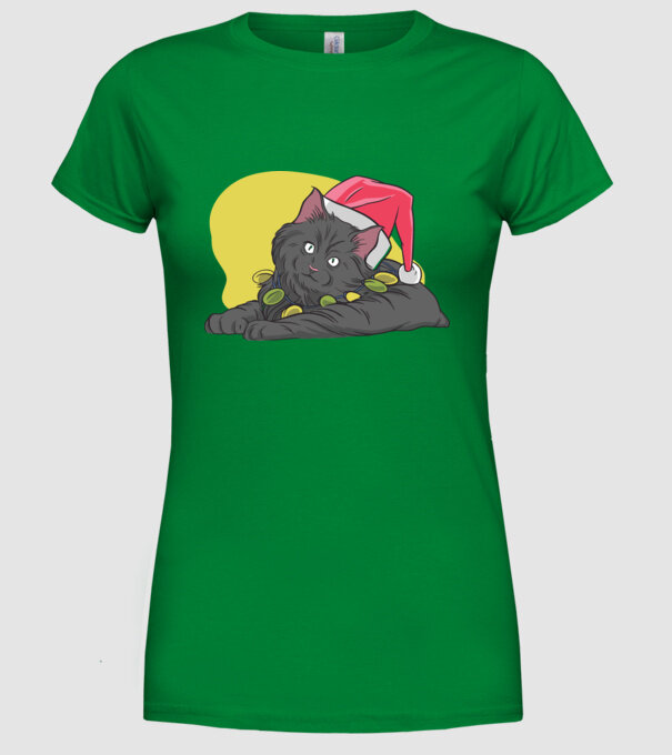 Pisică de Crăciun model verde pe tricou
