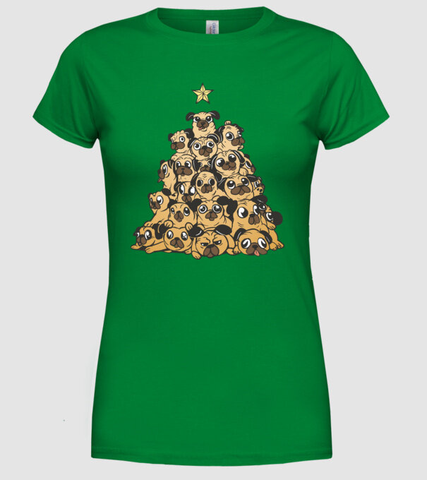 pom de Crăciun cu cățel (mops) model verde pe tricou