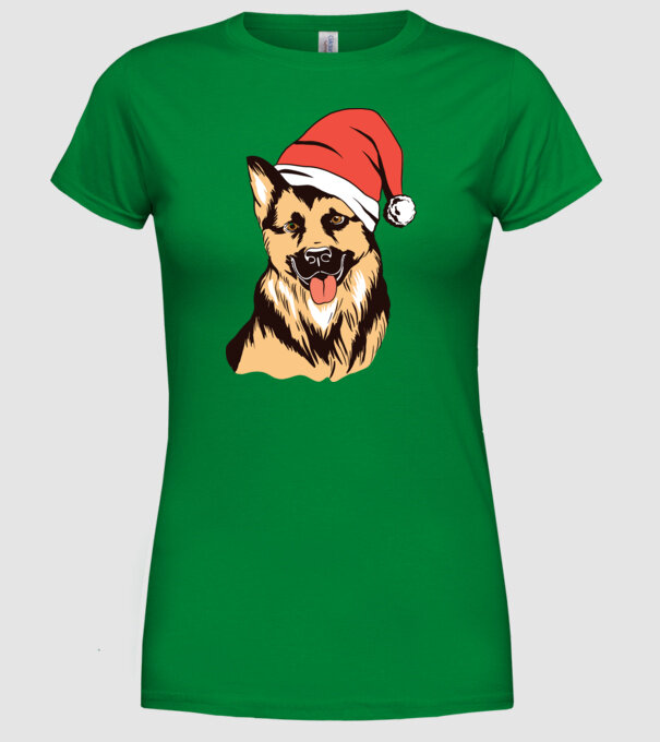 Ciobănesc german în căciulă de Moș Crăciun model verde pe tricou