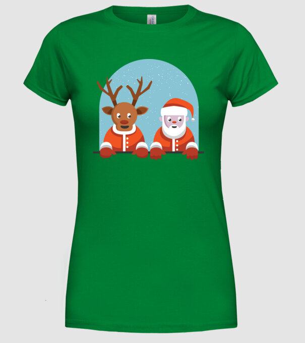 Moș Crăciun și Ren tricou de Crăciun T-shirt model verde pe tricou