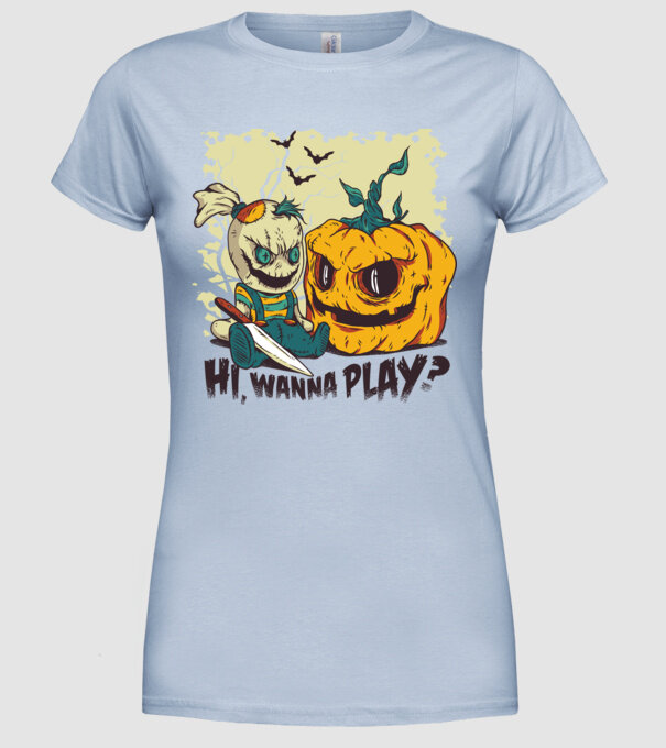 Vrei să te joci? Halloween model albastru deschis pe tricou