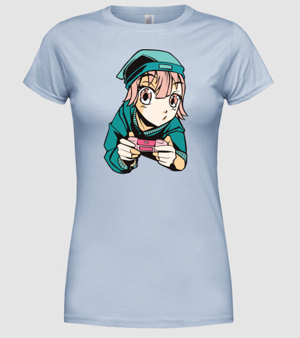 Anime fată Gamer model albastru deschis pe tricou