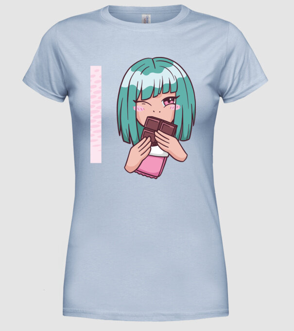 Anime fată cu ciocolată model albastru deschis pe tricou
