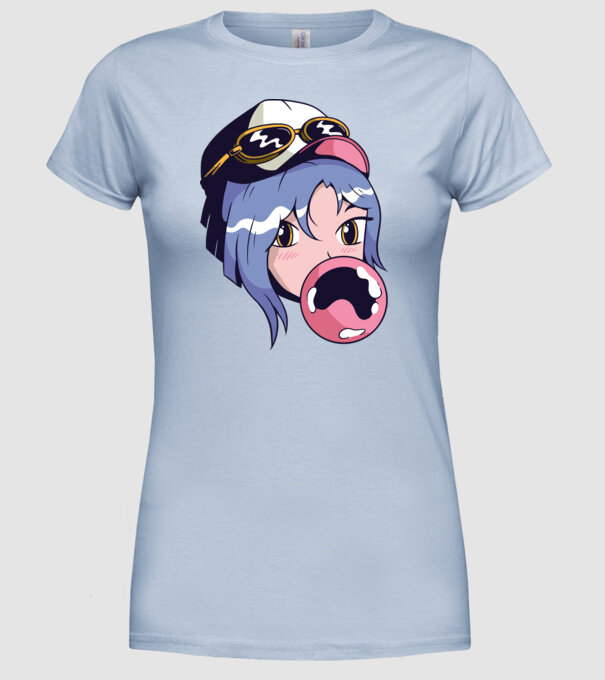 fată Anime cu gumă de mestecat model albastru deschis pe tricou