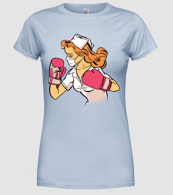 Asistentă Boxer model albastru deschis pe tricou
