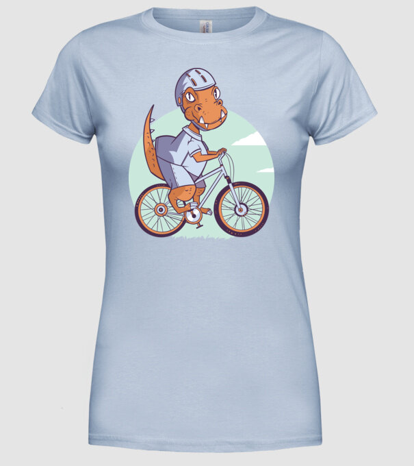 Dinozaur de T-Rex cu bicicletă model albastru deschis pe tricou