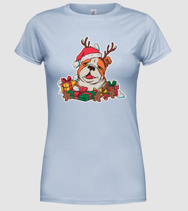 Bulldog de Crăciun model albastru deschis pe tricou