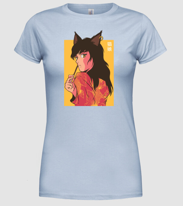 Pisică Fată Anime model albastru deschis pe tricou