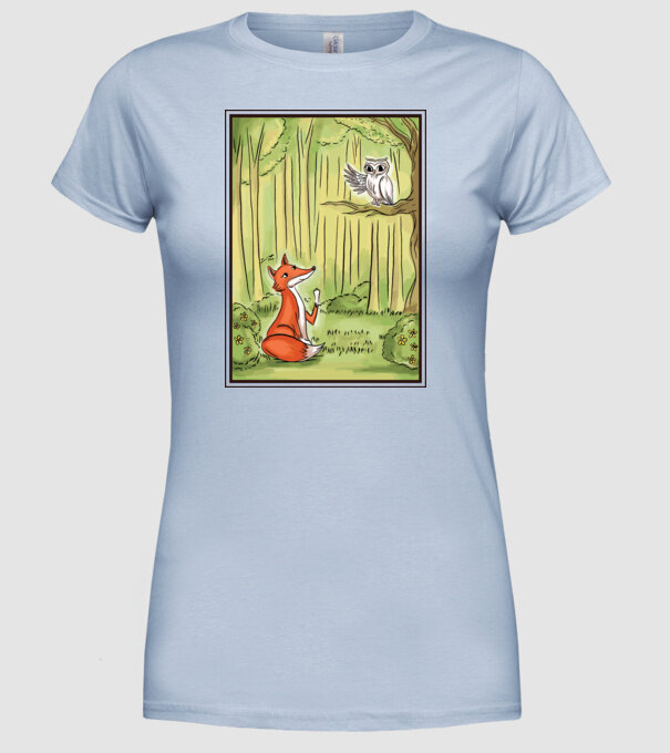 Vulpe drăguț cu bufniță model albastru deschis pe tricou