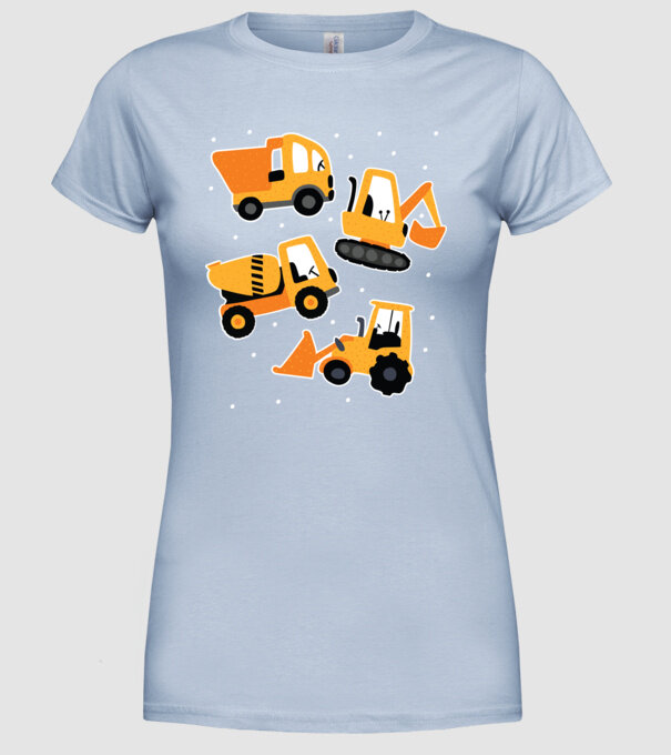 Vehicule de construcții model albastru deschis pe tricou