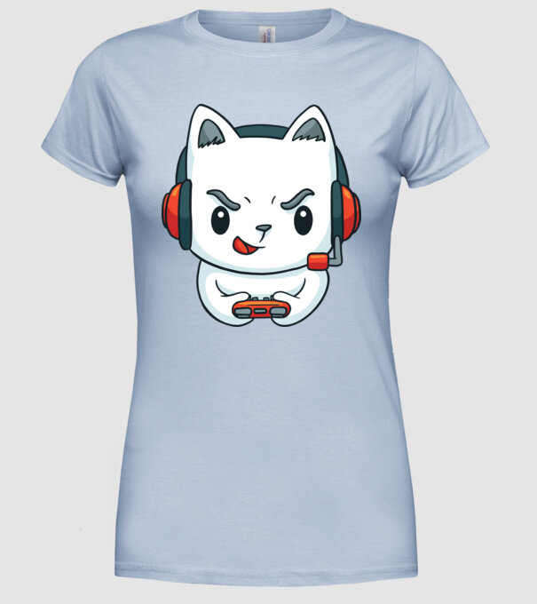 Pisică Gamer model albastru deschis pe tricou