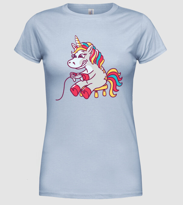 Gamer Unicorn model albastru deschis pe tricou