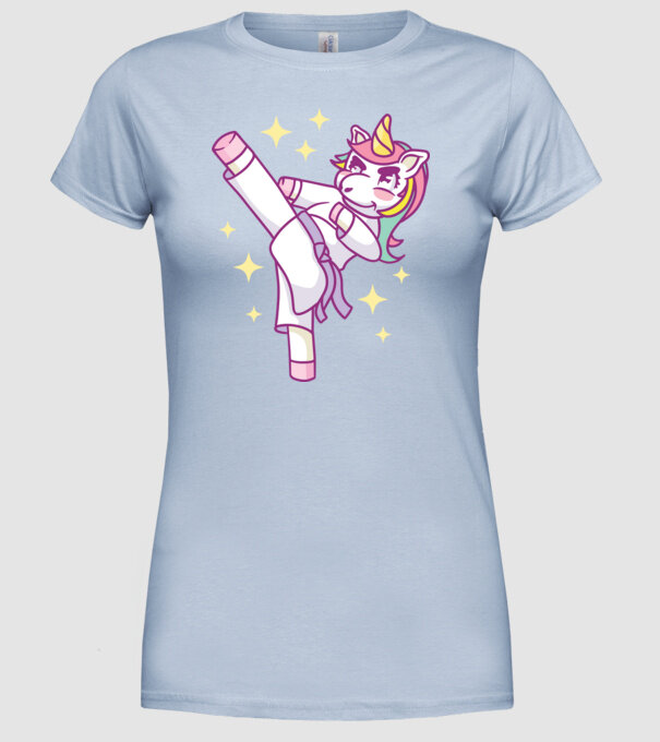 Karate unicorn model albastru deschis pe tricou