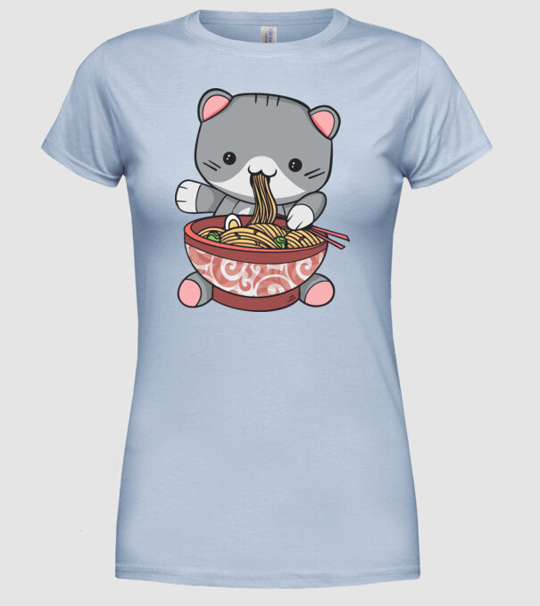 Pisică Kawaii Ramen model albastru deschis pe tricou