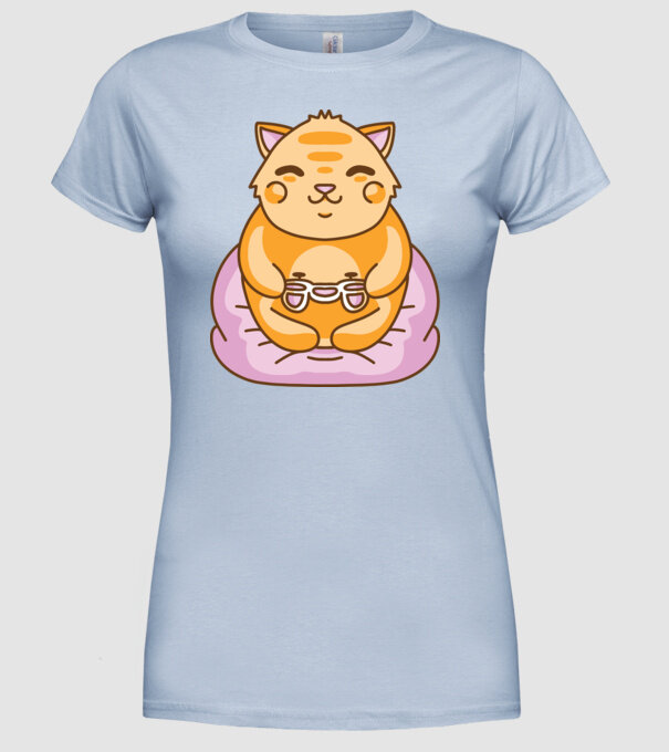 Pisică Gamer Kawaii model albastru deschis pe tricou