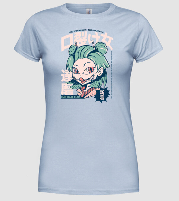 Kuchisake Onna Yokai Anime model albastru deschis pe tricou