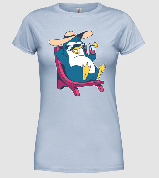 Pinguin cool stă la plajă la mare model albastru deschis pe tricou