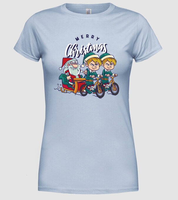 Merry Christmas Moș Crăciun cu sanie cu bicicletă model albastru deschis pe tricou