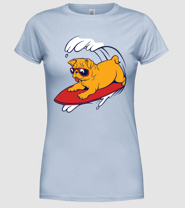 Mops Surf model albastru deschis pe tricou