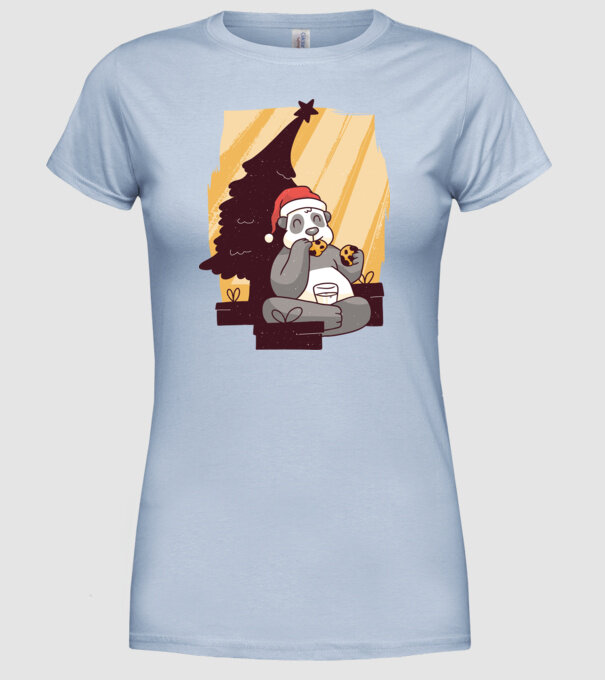 Panda mâncând prăjituri tricou Crăciun model albastru deschis pe tricou