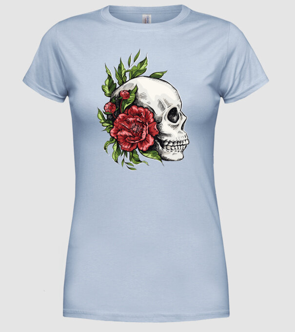 Trandafiri și craniu model albastru deschis pe tricou