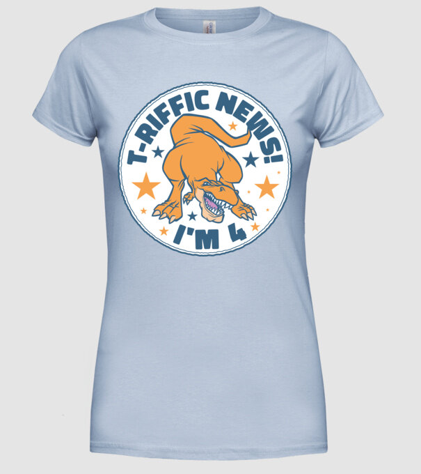 'T-rex Terrific news i''m 4' model albastru deschis pe tricou