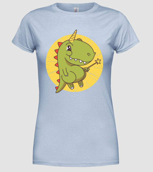 T-rex Unicorn cu baghetă magică model albastru deschis pe tricou